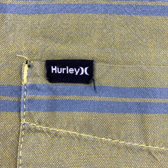 Hurley Shirt Men Medium Large L Green Blue Striped Button Down Short Sleeve Surf - Picture 3 of 12